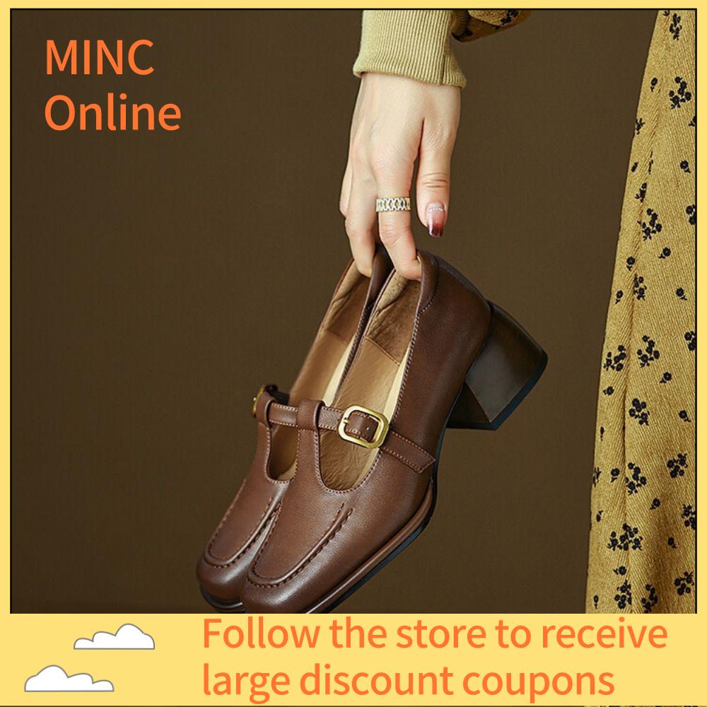 MINC ONLINE Dây Đeo chữ t Giày da Mũi Vuông Nâu Đen Giày Oxford Hoài cổ pháp Giày cao gót vừa Giày d