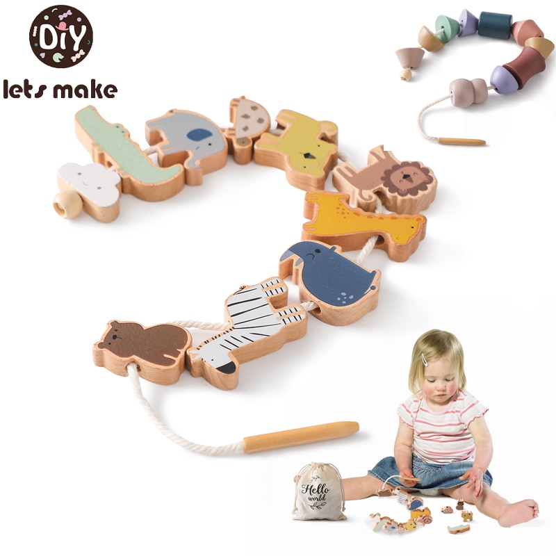 Kids Wooden Montessori Toys Threading Board Beech Wooden Educational Toy Animal Button Beaded Blocks Puzzle Toy Baby Gifts