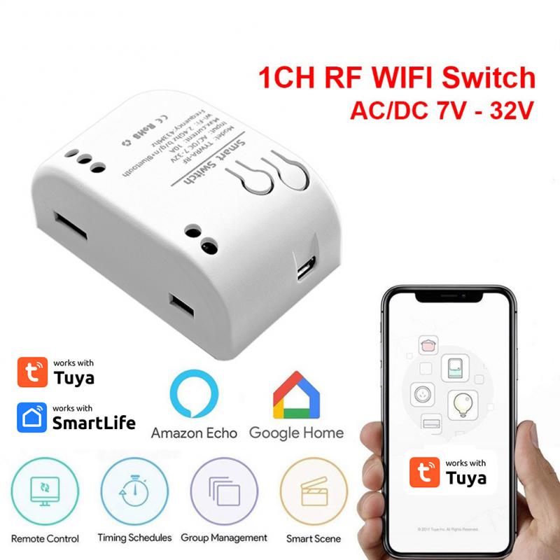 Fbxg tuya Công Tắc Wifi mô-đun 5V 12V 32V 220V RF 433 đài phát thanh điều khiển từ xa 1/2 kênh nhích