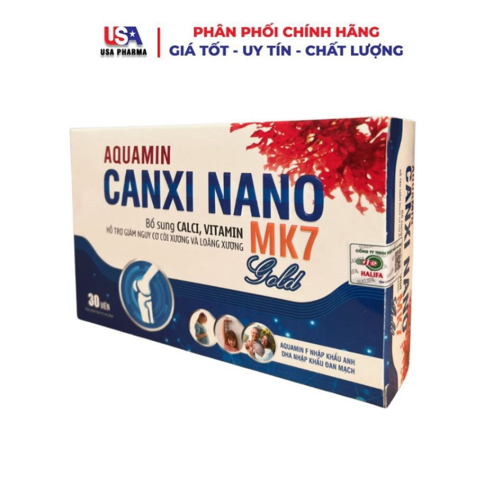 Viên Uống Aquamin Canxi Nano Mk7 Gold BỔ SUNG CANXI, Chống Còi Xương, Loãng Xương - Hộp 30 Viên