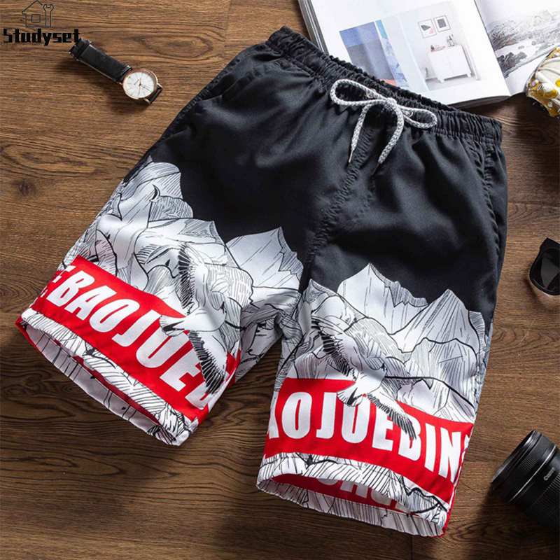 Studyset IN stock Men Beach Shorts Quick-dry Words Printing Pattern Loose Casual Oversize Boxer Shorts
