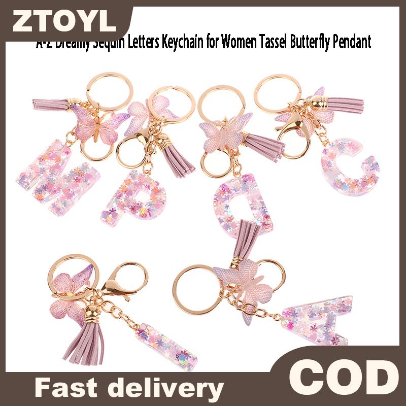 ZTOYL A-Z mơ mộng sequin chữ Keychain cho phụ nữ tua bướm mặt dây chuyền ban đầu Keyring ví túi treo quyến rũ Xe móc chìa khóa 