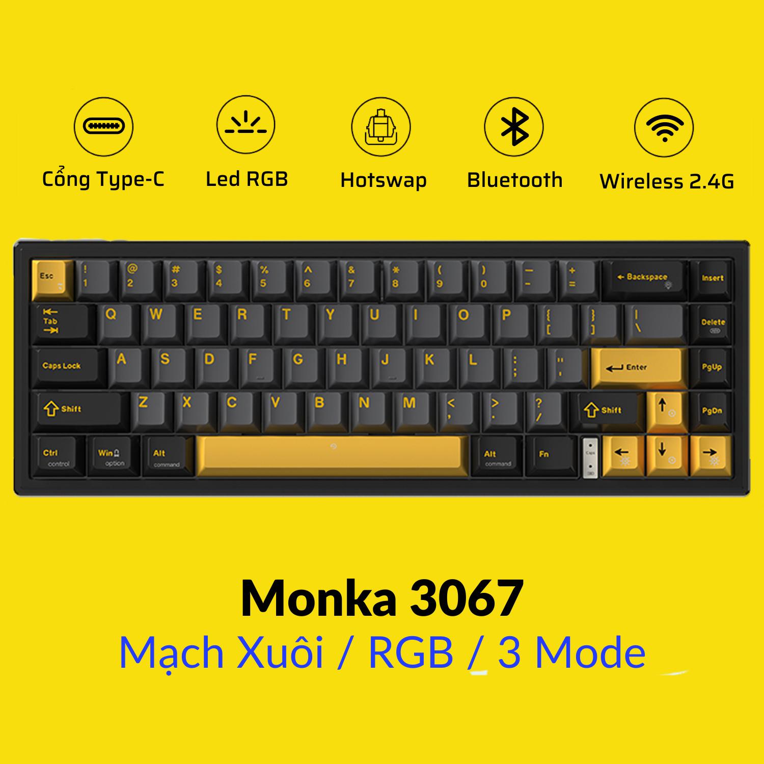[ Deal Độc Quyền ] Bàn phím cơ không dây MONKA 3067 Pro V2 - Có Hotswap - Mạch xuôi - App tùy chỉnh,