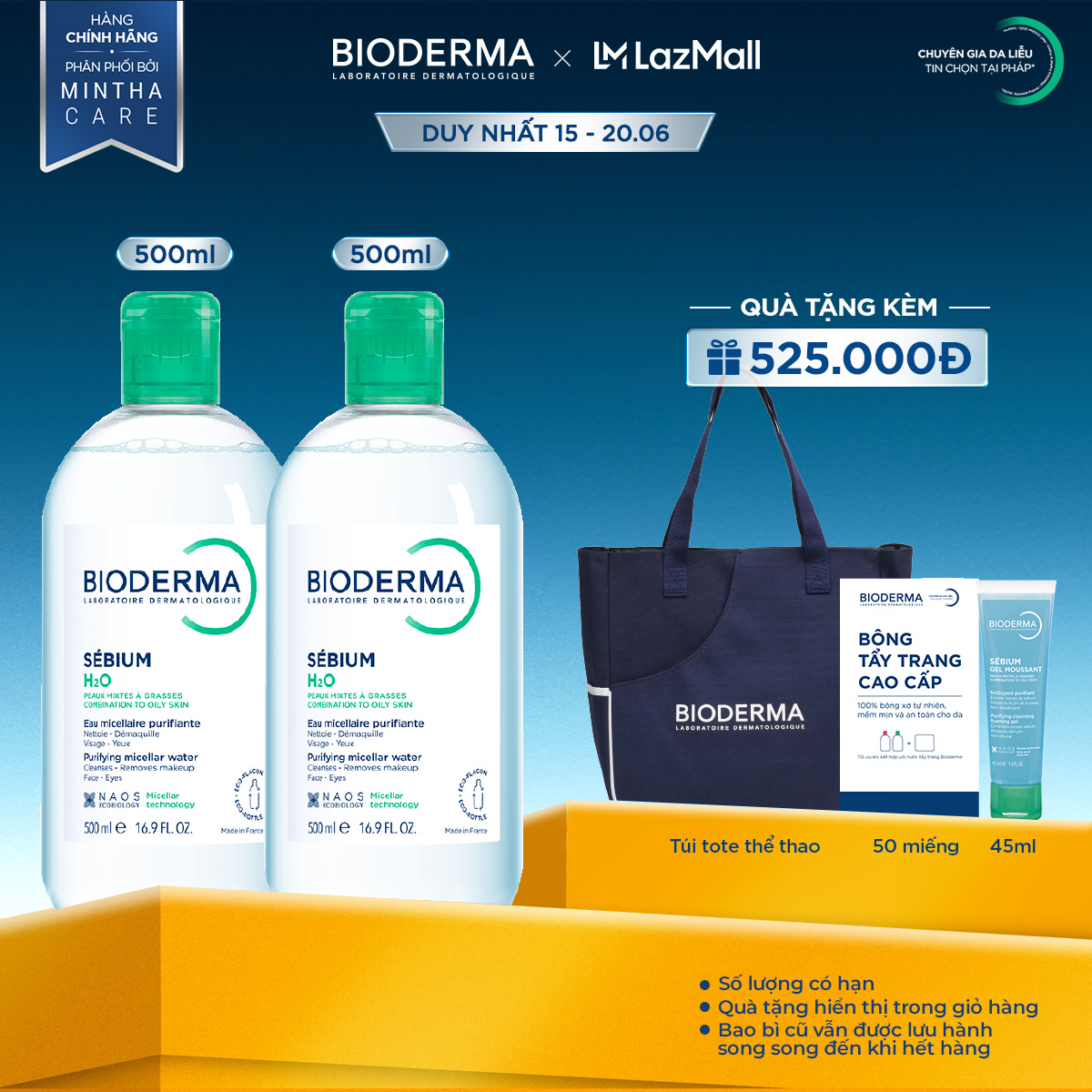 Bộ đôi nước tẩy trang Micellar cho da đầu mụn Bioderma Sebium H2O - 500mlx2
