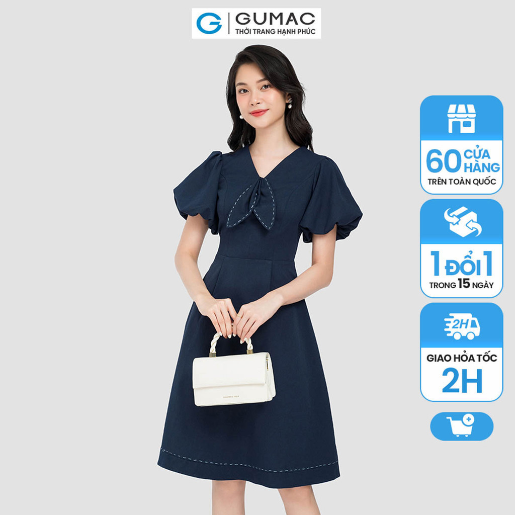 Đầm form a gumac, đầm nơ cổ phối chỉ dc08037