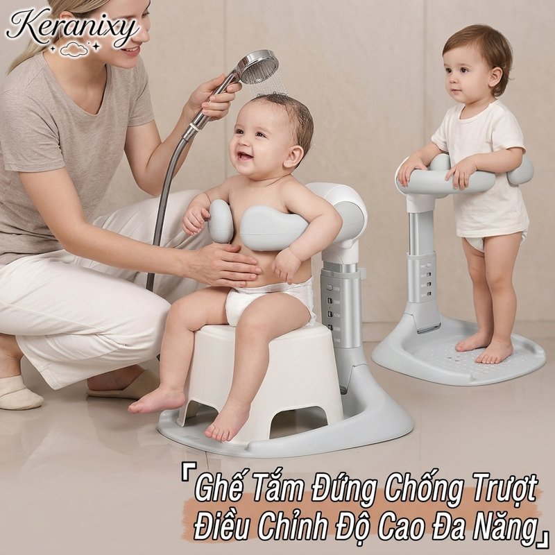 Keranixy Ghế tắm đứng cho bé 6in1 chống trượt điều chỉnh độ cao gấp gọn kèm khay đồ đa năng tắm gội thay tã tập đứng