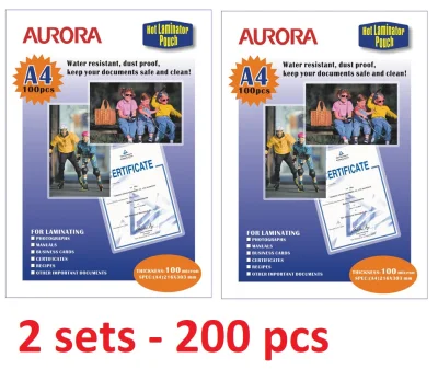 2 Sets Aurora A4 Hot Laminator Laminating Pouch ( 200 Pieces ) P100A4 Lamination
