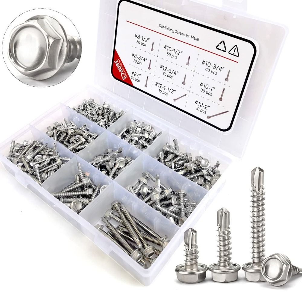 FLOWERF 380Pcs #8 #10 #12 Vít tự khai thác cho kim loại 1/2 "đến 2" Thép không gỉ 410 Vít kim loại tấm Vít kim loại Bộ Các loại vít tự khoan Kim loại