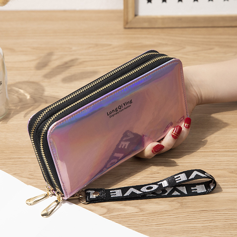 New Women's Long Wallet Double Zipper Mobile Case Student Laser Wallet Large Capacity Handheld Bag Soft Zero Wallet