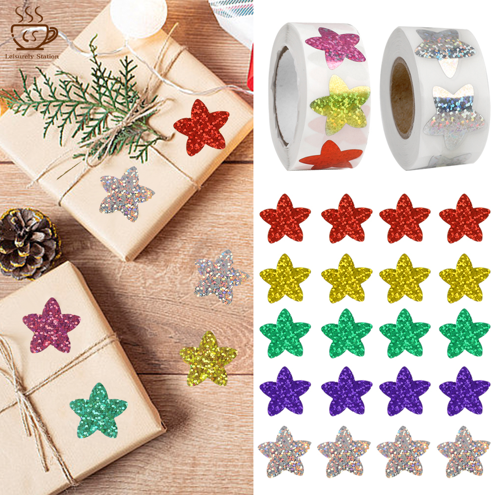 500Pcs Roll 1inch Laser Stars Round Stickers Handmade Decorative Labels