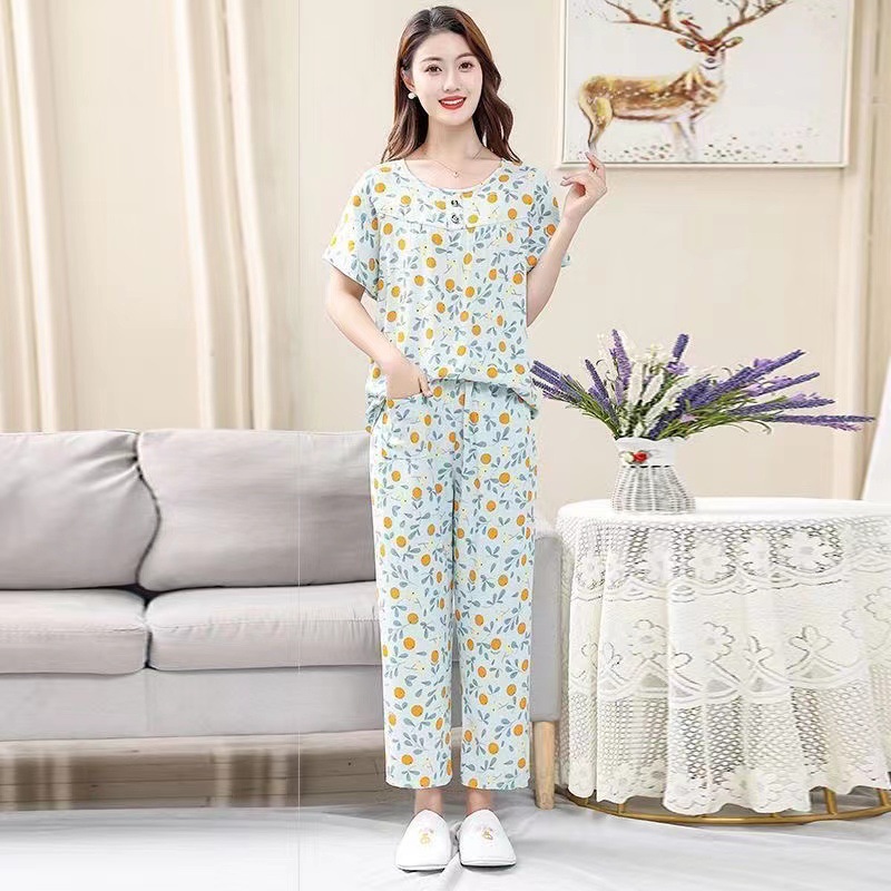 Quần áo của mẹ trung niên và già quần dài tay ngắn chất liệu bông nhân tạo quần áo ở nhà Pijama lụa 