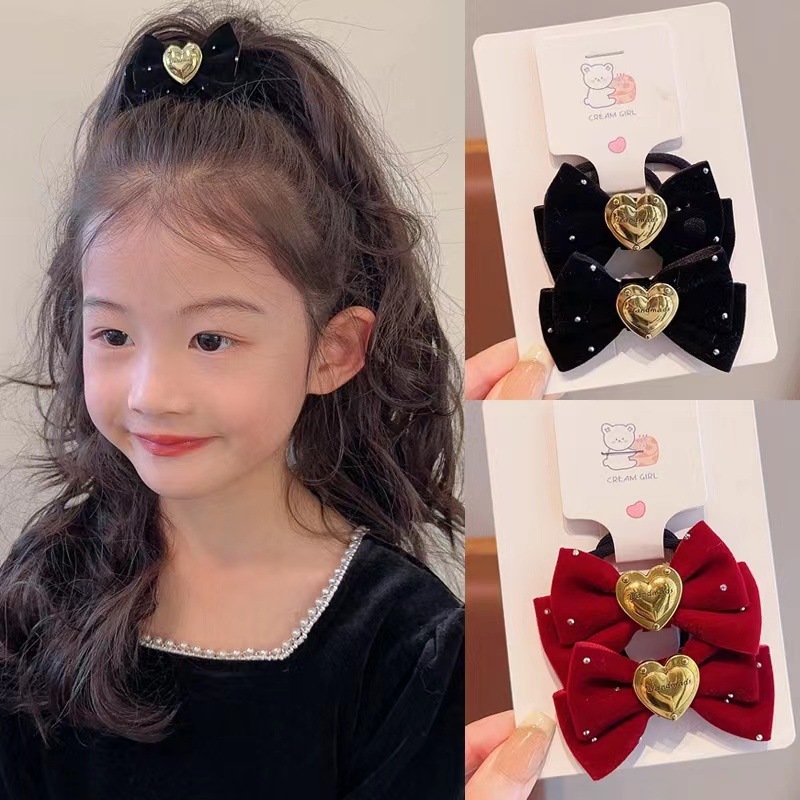 Set 2 cột, kẹp nơ đỏ đính tim dễ thương - Cột tóc nhung đỏ đen xinh xắn đi chơi tết - Selenshop