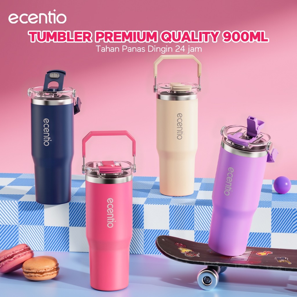 ECENTIO tumbler 900ml Mug kopi sedotan stainless steel botol minum aesthetic Car ACC7