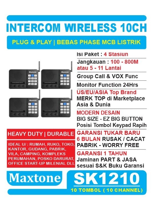 WIRELESS INTERCOM 10 CH HOME OFFICE INTERKOM - MAXTONE SK1210 - 4 UNIT Harga  2,535,000 Ringgit*Penghantaran Percuma