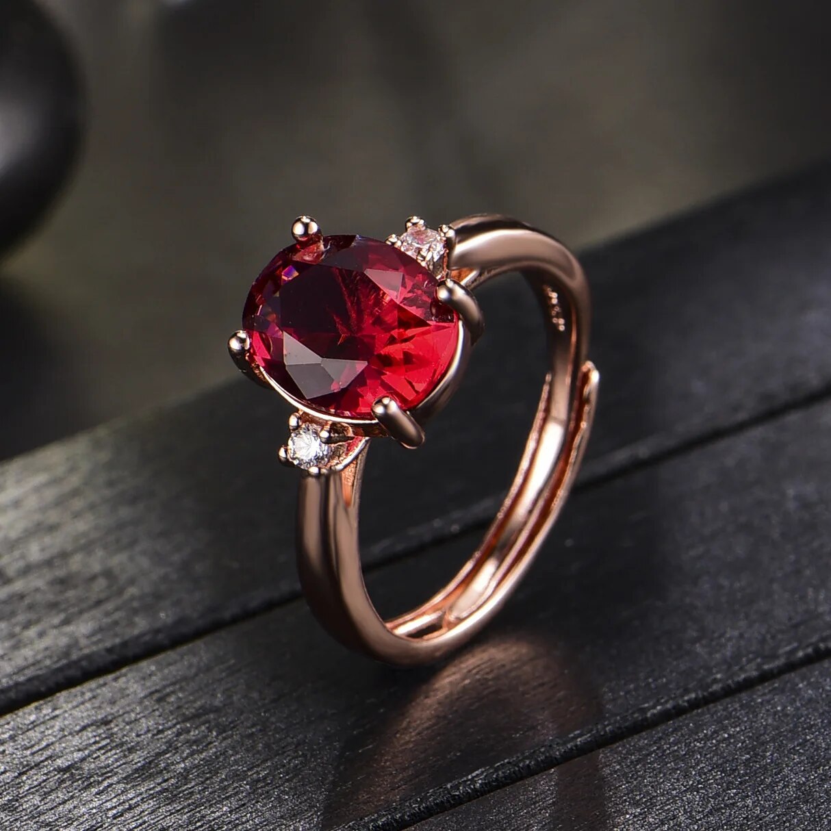 New Temperament Oval Rose Red Diamond Simulation Red Tourmaline Color Treasure Open Ring Female Fashion Live Ring Men's Rings