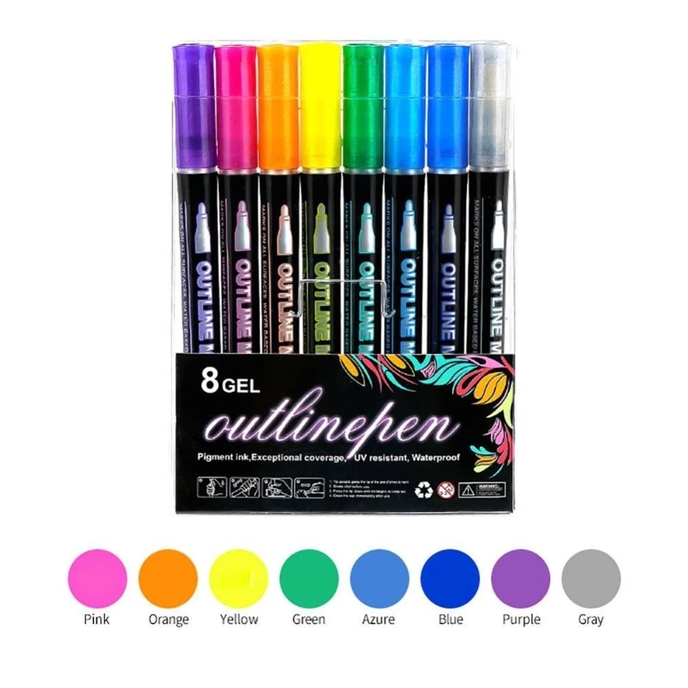 Double Line Metallic Glitter Art Marker Pens 8/12 Colors – Dual Tip Outline & Fill Gel Pens for DIY Scrapbook Card Making Journaling