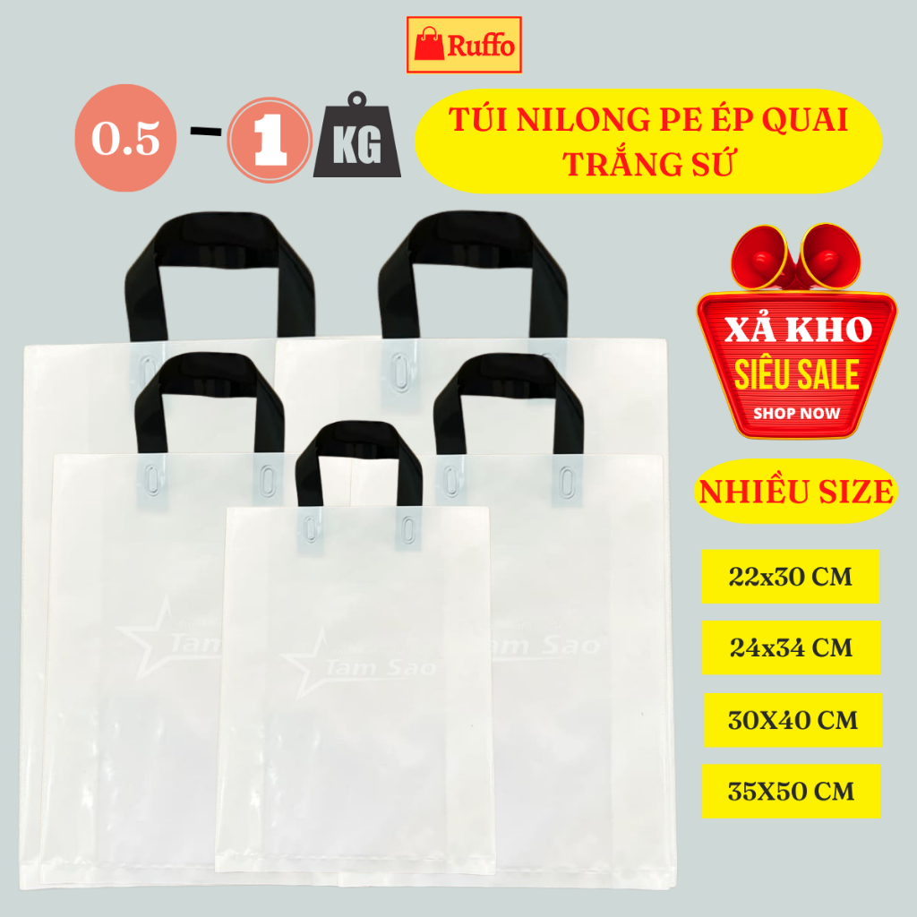 0,5kg - 1kg túi đựng hàng nilong pe trắng sứ có quai xách - túi ni lông ruffo bóng đẹp bền dẻo dai nhiều kích thước