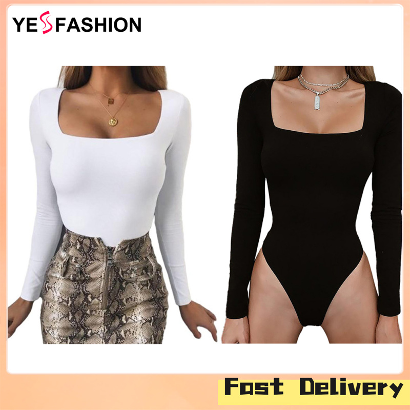 Yesfashion Store IN stock Women Long Sleeves Bodysuit Square Neck Thong Body Shaper Stretchy Solid Color Romper Open Crotch Jumpsuit ราคา  178 บาท*ส่งฟรี