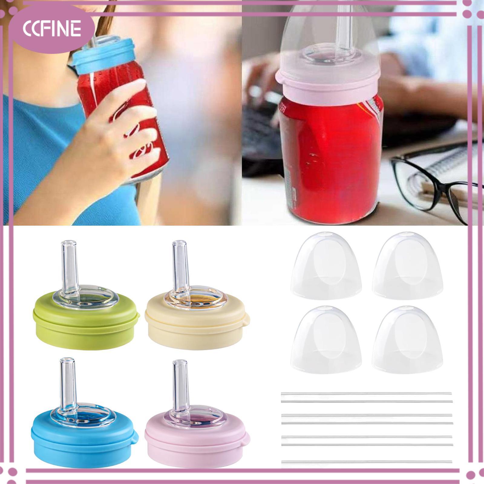 Ccfine 4 cái lon Sô đa có nắp đậy với ống hút tái sử dụng ngăn chặn sự cố tràn Silicone ống hút