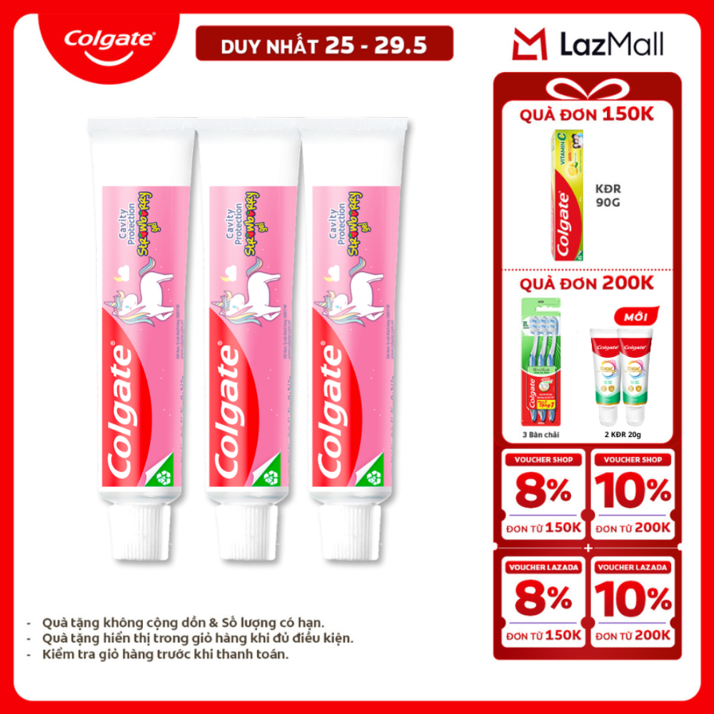 [Chỉ 25-29.5_X2 Voucher giảm 20%] Bộ 3 kem đánh răng Colgate cho trẻ em kỳ lân Unicorn hương dâu 40g