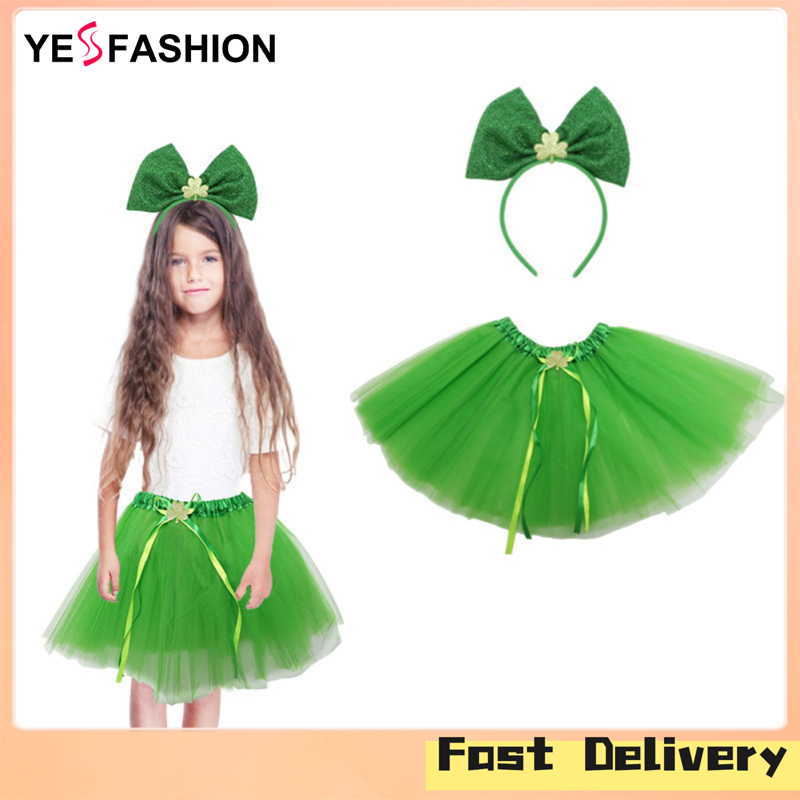 Yesfashion Store IN stock Women Tutu Skirt Set With Headband And Irish Sash Costume Accessories Set Green Sequin Shamrock For Parades Photo Props Irish Dance St. Patrick's Day Party ราคา 149 บาท*ส่งฟรี