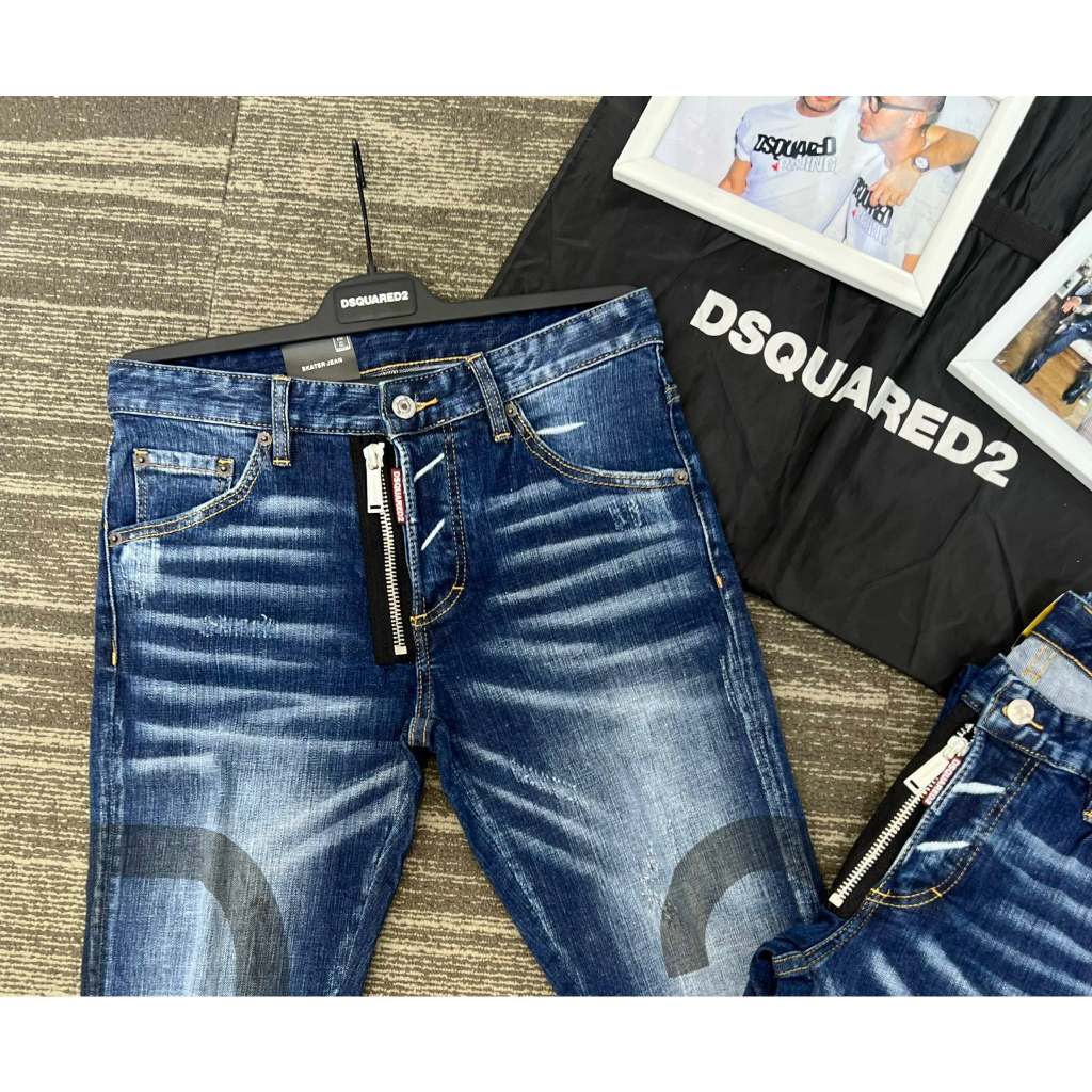 Quần Bò Biker DSQ D2 Hàng Đẹp mới cập bến, quần jean côn nam DSQ khóa cúc xanh đậm vảy sơn Shiny Sun