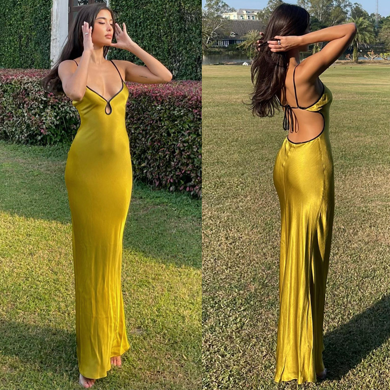Beautifultime Phụ nữ dài mùa hè ĐầM Dạ HộI màu trơn không tay Đầm thắt dây cổ chữ V sâu