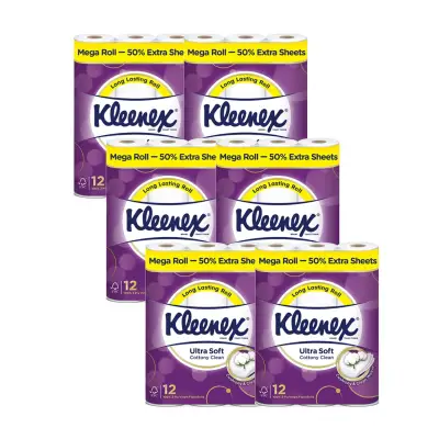 Kleenex Ultra Soft Cottony Clean Mega Roll Toilet Paper/Tissue 12x300sheets x 6