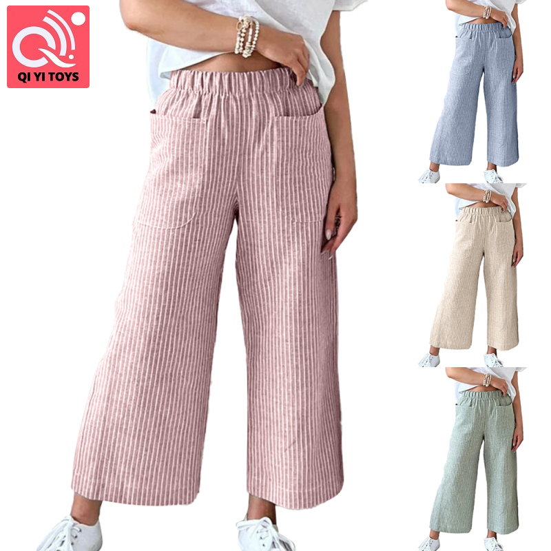 ⚡⚡Phụ nữ sọc quần ống đứng thanh lịch Thắt lưng co giãn vừa rộng quần ống rộng đơn giản cho ngày bãi biển nhà