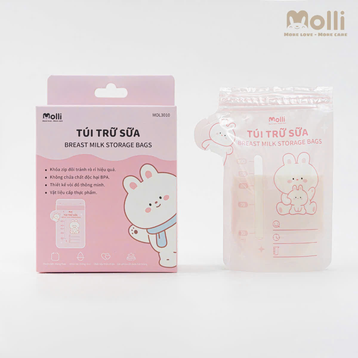 Túi Trữ Sữa Mẹ Molli 30PCS/Hộp Dung Tích 150ML Khóa Zip Không Chứa BPA Thiết Kế Vòi Đổ Thông Minh Bebi123shop