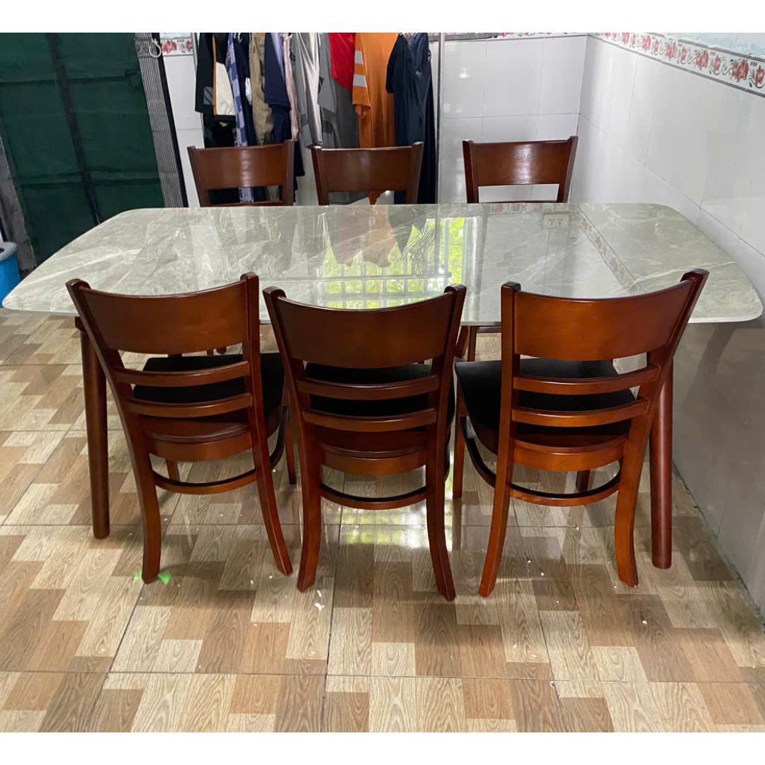 Bàn Ăn 6 Ghế – Mặt Đá Ceramic, Chân Gỗ Cao Su – Bảo Hành 1 Năm