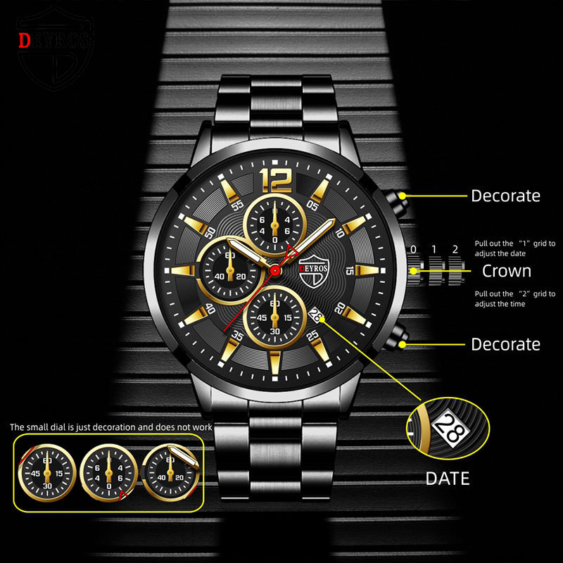 DEYROS New Men's Fashion Calendar Watch for Men Steel Strip Fake Three-eye Luminous Quartz Watch Brand Original Genuine Goods Men's Wristwatch ราคา 235 บาท*ส่งฟรี