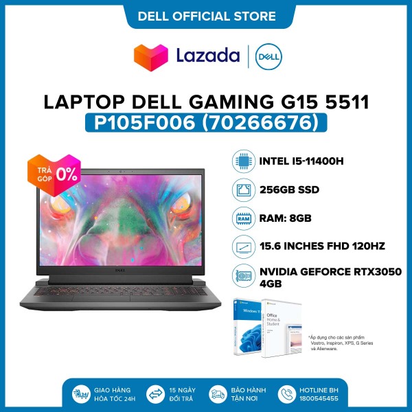 Laptop Dell Gaming G15 5511 15.6 inches FHD (Intel / i5-11400H / 8GB / 256GB SSD, NVIDIA GeForce RTX3050 4GB / McAfee / Office Home & Student 2021 / Windows 11) l Grey l P105F006 (70266676)