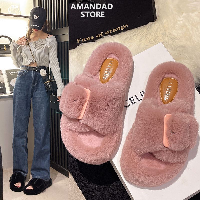 QiaoYiLuo Autumn and winter Mao Mao slippers female Internet celebrity