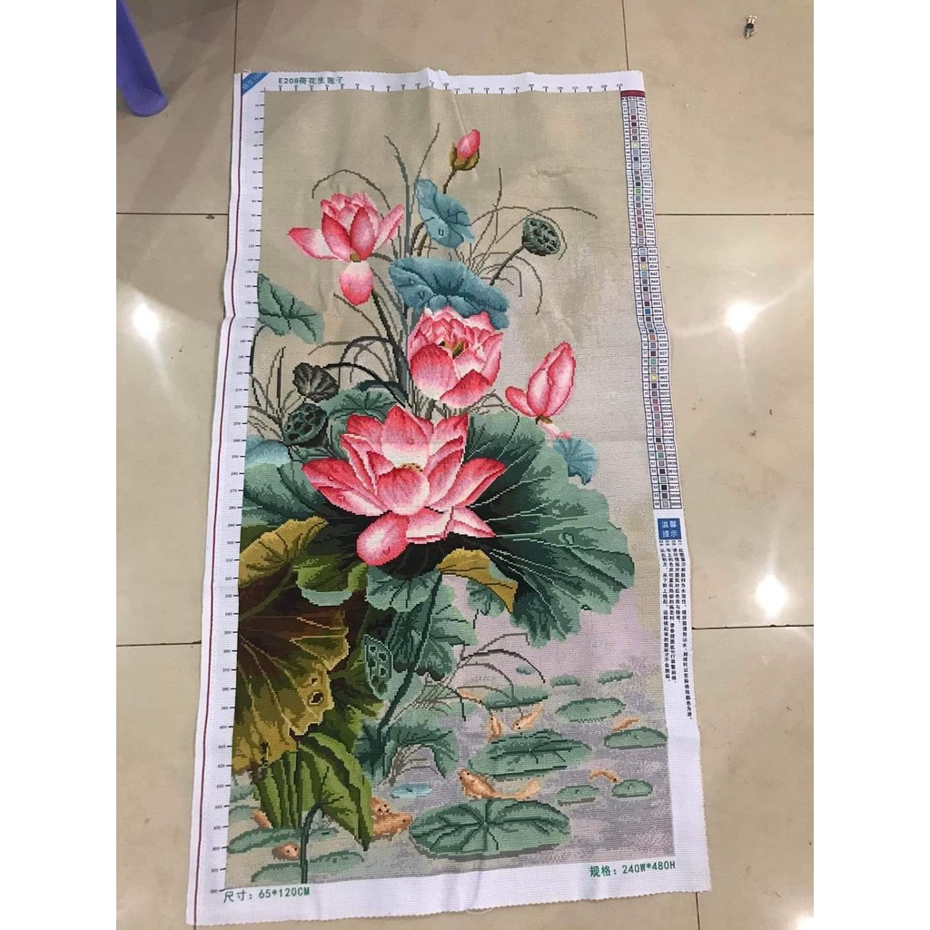 (XẢ KHO) Tranh thêu chữ thập thành phẩm hoa sen E208-65x120cm MN0139-80*150cm MN0209 E100 thêu kín - thêu sẵn