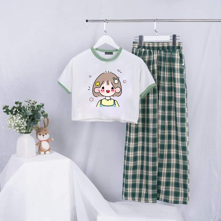 THỜI TRANG TEEN Bộ cho bé gái áo croptop phối màu cô gái tóc xám kèm quần kẻ ống rộng size 9 đến 65kg