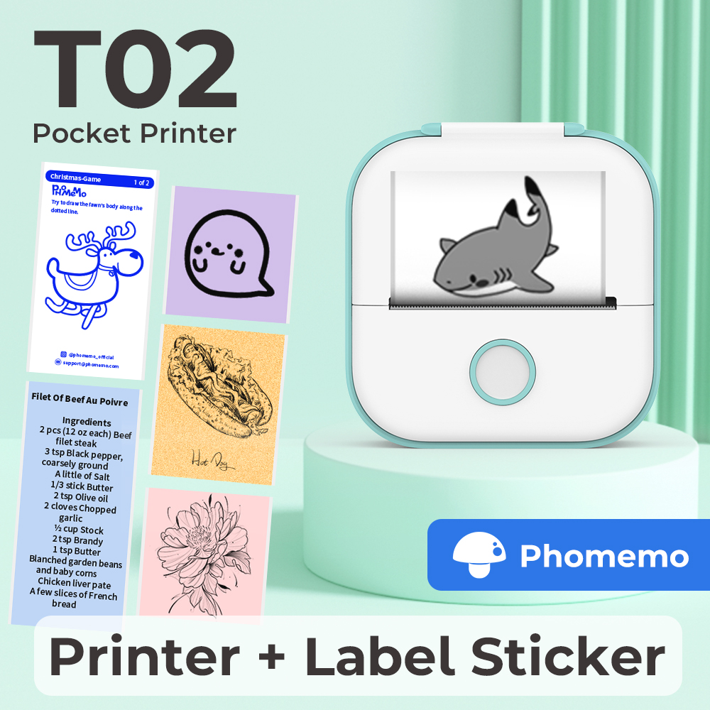 Phomemo T02 Portable Printer Inkeless Maker Mini Printer Sticker Bluetooth Thermal Pocket Photo Printer for Study Notes DIY ราคา 135 บาท*ส่งฟรี