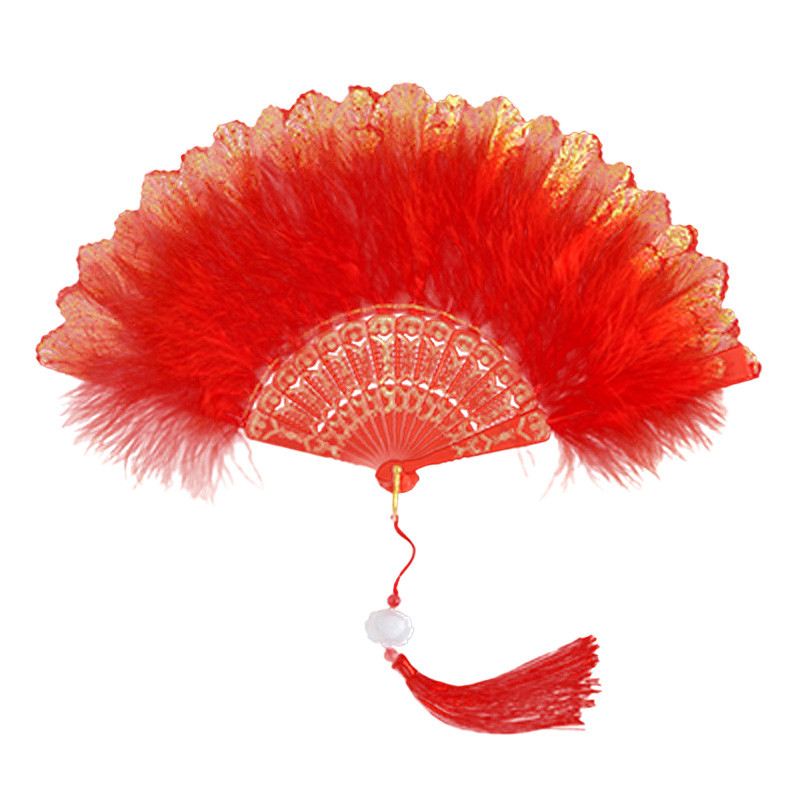 Classical Feather Folding Hand Fan with Pendant Tassel Design Chinese Style Vintage Court Dance Wedding Party Decor