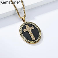 Kemstone ไม้กางเขนสแตนเลสรูปไข่สำหรับผู้ชาย-สไตล์ฮิปฮอปสร้อยคอพร้อมจี้