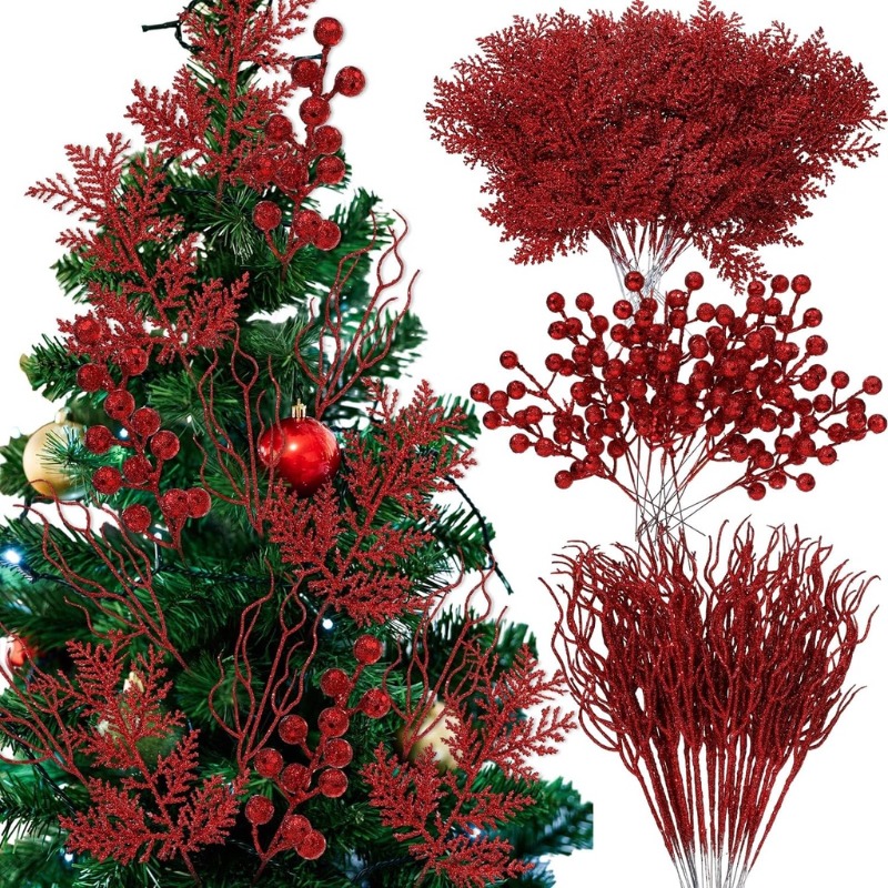 10pcs Artificial Pine Needles Branches And Artificial Red Berry Stems, Fake  Greenery Pine Picks Christmas Red Berry Picks Holly Berries Branches Chris