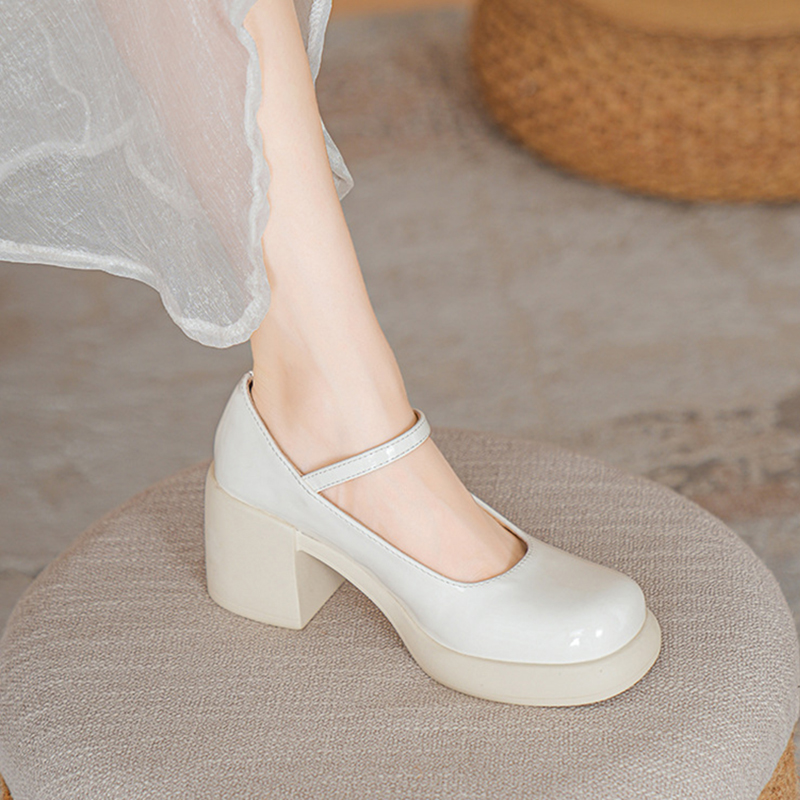 SOBREMESA STORE Giày da nữ phong cách retro Pháp, quai ngọc miệng nông, giày Mary Jane, giày cao gót nữ đế dày, phong cách mùa hè mới