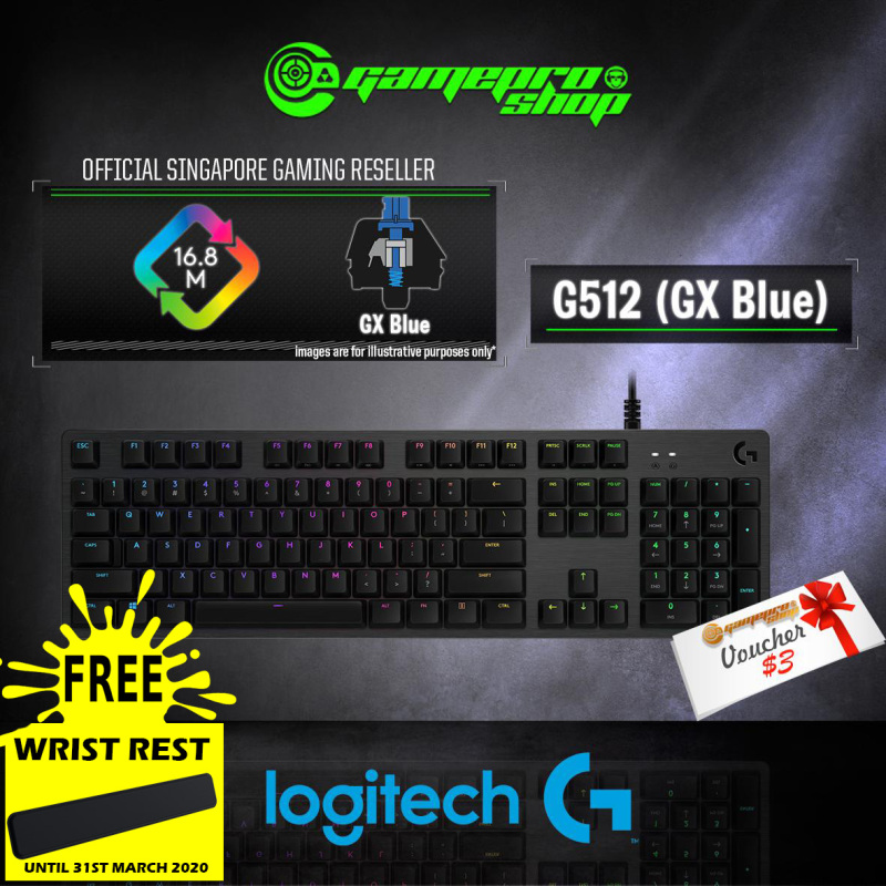LOGITECH G512 CARBON (LINEAR/TACTILE/GX Blue) RGB MECHANICAL GAMING KEYBOARD + Free Palm Rest Singapore