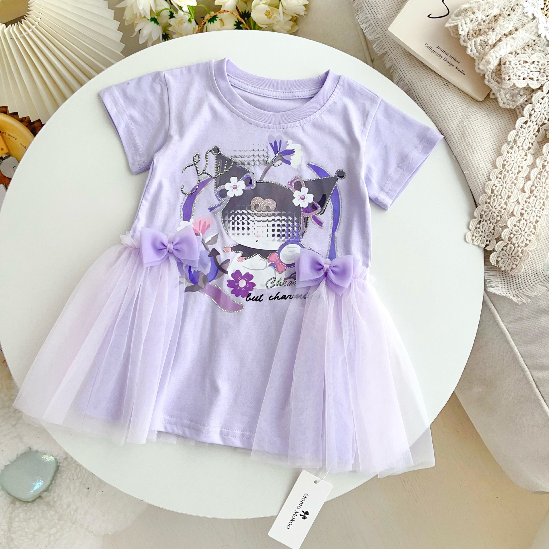【 100% Cotton 】 Summer Dress for Girls Short Sleeved Mesh Princess Dress for Kids Diamond Sparkling Cute Baju Budak Perempuan Kuromi Princess Dresses for Kids Girl Dress Budak Perempuan - 3