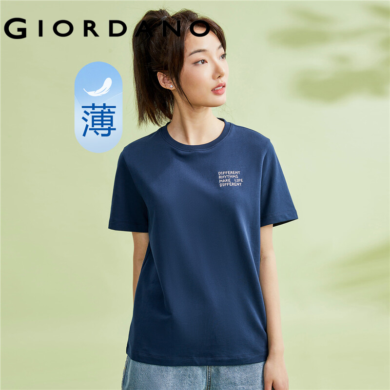 Giordano áo thun nữ vải thun cotton 100% thêu hình cổ tròn tay ngắn dệt kim Free Shipping 05323421