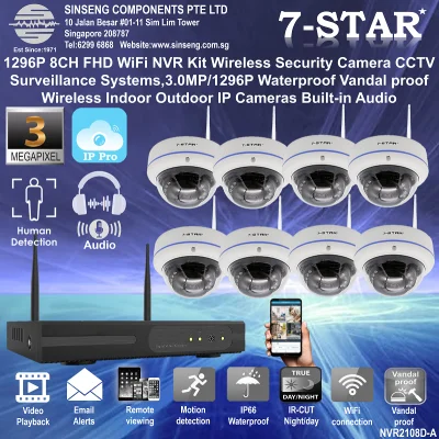 [SG Local Seller] AUDIO Wireless Plug & Play 8 Channel Network Video Recorder (NVR) Kit Set with 8 3MP 1296P Weatherproof Vandal proof Wireless IP Camera - Wireless 8CH NVR/DVR (Mobile - PC APP:IP Pro)