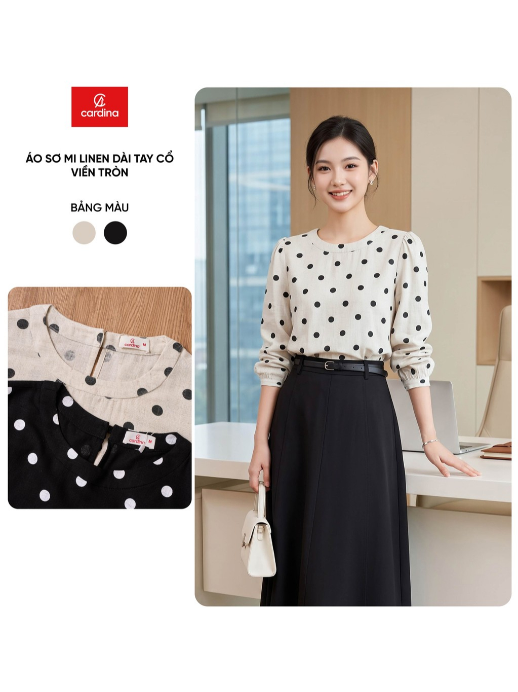 Áo sơ mi nữ CARDINA chất liệu linen dài tay cổ viền tròn 6ASD07