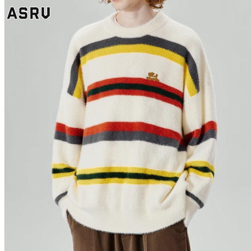 ASRV Nam retro tương phản sọc áo len cổ thuyền phong cách preppy cặp đôi áo thun áo len dệt