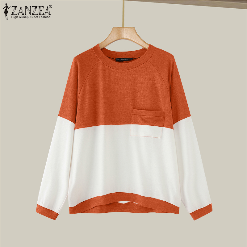 ZANZEA Women Streetwear Ladylike Long Sleeve T-shirts O Neck Contrast Color Pockets Blouses #1111