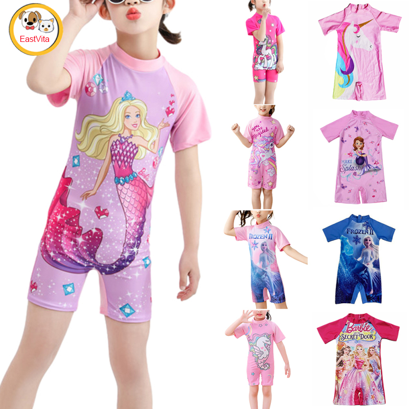Kids One-Piece Swimsuit Short Sleeves Cartoon Printing Quick Drying UV Protection Bathing Suit For Girls ราคา 173 บาท*ส่งฟรี