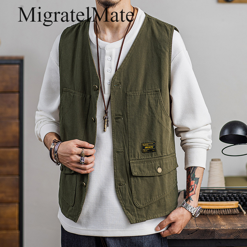 Vest người đàn ông Mỹ hàng hóa đồng phục vest người đàn ông Ins dáng suông xu hướng giản dị đẹp trai nhiều túi vai áo khoác không tay